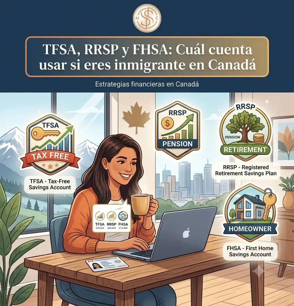 Infografía sobre cuentas de ahorro TFSA, RRSP y FHSA para inmigrantes en Canadá