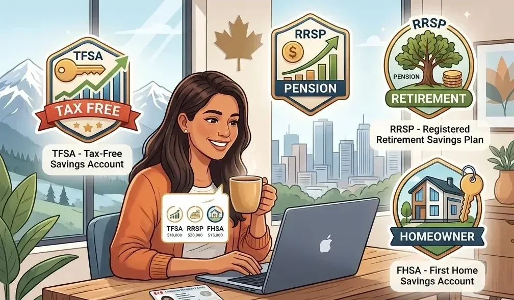 Infografía sobre cuentas de ahorro TFSA, RRSP y FHSA para inmigrantes en Canadá